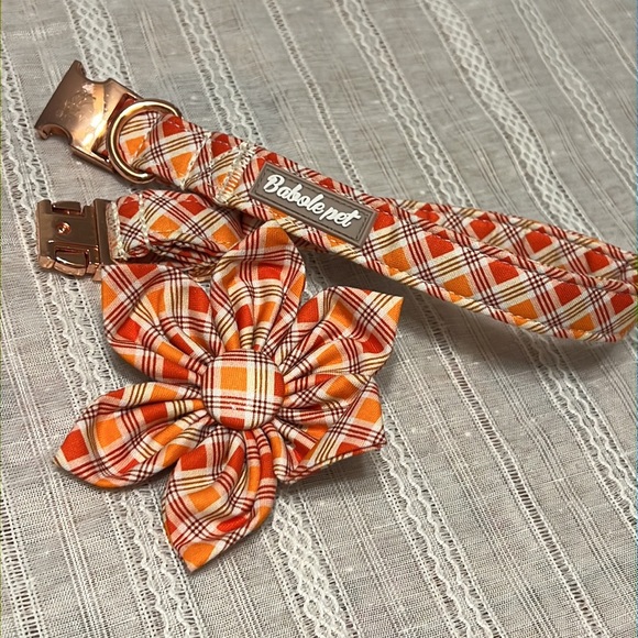 Babole Pet Fall Girl Dog Collar Flower Tie, Orange Striped Plaid Floral Collar - Picture 9 of 9